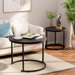 Huhote 2 Pcs Nesting Round Side Tables With Black Metal Frame And Black Wood Marble Finish Top 23.6/15.7 In Coffee Table End Table - thumbnail 7