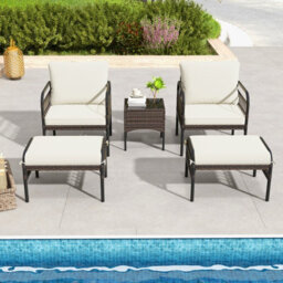 Costway 5 Piece Garden Furniture Set Patio Wicker Chairs Table Set W/ Ottomans - thumbnail 9