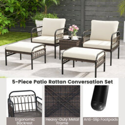 Costway 5 Piece Garden Furniture Set Patio Wicker Chairs Table Set W/ Ottomans - thumbnail 6