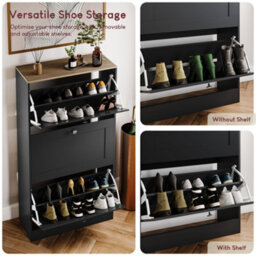 Lassic Vida Designs 2 Drawer Shoe Storage Cabinet For Hallway Shoe Cupboard Organiser Up To Size 10, Black & Oak - thumbnail 8