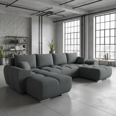 Logo U Shaped Corner Sofa Bed With Storage Reversible Grey Velvet Upholstery Modern Design - image 1