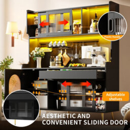 Abrihome 5-Door Country Style Sideboard Buffet Cabinet With Led Light Strip & Pegboard, 145X39X171Cm, Black, Fluted Glass Doors For Kitchen - thumbnail 5