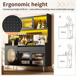 Abrihome 5-Door Country Style Sideboard Buffet Cabinet With Led Light Strip & Pegboard, 145X39X171Cm, Black, Fluted Glass Doors For Kitchen - thumbnail 3