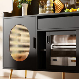 Abrihome 5-Door Country Style Sideboard Buffet Cabinet With Led Light Strip & Pegboard, 145X39X171Cm, Black, Fluted Glass Doors For Kitchen - thumbnail 7