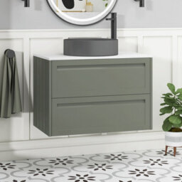 Royal Bathrooms Royal Bathroom Elmore 800mm Matt Green Wall Mounted Countertop Bathroom Vanity Unit 2 Drawer With Art Round Basin - thumbnail 1