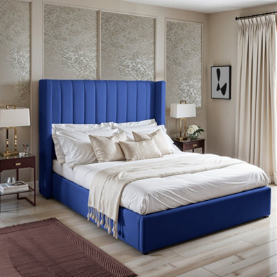 UKBEDFURNITURE Barcelona Wingback Blue Plush Valvet Upholstered Bed Frame - Slatted Base With 10 Inch Orthopedic Mattress - 48 Inch Headboard - image 1