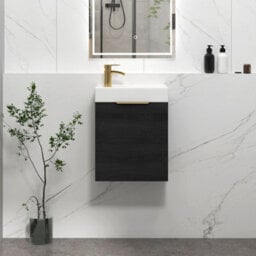 Royal Bathrooms Royal Bathroom Como 400mm Wall Hung Cloakroom Vanity Unit Ceramic Basin Sink 1 Door Cabinet Hale Black With Brushed Brass Handle - thumbnail 1