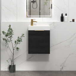 Royal Bathrooms Royal Bathroom Como 400mm Wall Hung Cloakroom Vanity Unit Ceramic Basin Sink 1 Door Cabinet Hale Black With Brushed Brass Handle