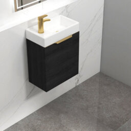 Royal Bathrooms Royal Bathroom Como 400mm Wall Hung Cloakroom Vanity Unit Ceramic Basin Sink 1 Door Cabinet Hale Black With Brushed Brass Handle - thumbnail 6