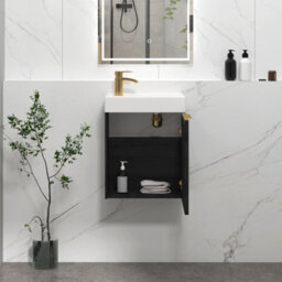 Royal Bathrooms Royal Bathroom Como 400mm Wall Hung Cloakroom Vanity Unit Ceramic Basin Sink 1 Door Cabinet Hale Black With Brushed Brass Handle - thumbnail 5