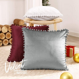 Deconovo 2 Pack Pom Pom Red Crushed Velvet Cushion Covers, Large Throw Pillowcases With Invisible Zipper, 60Cm X 60Cm - thumbnail 2