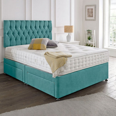 Dining Tables Beirut Matching Headboard Divan Set, 2 Drawer On Same Side With Sprung 1500 Comfort Mattress - Plush Velvet Duck Egg - Double - image 1
