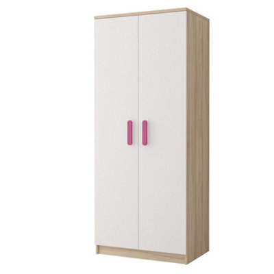 Arte Smyk Iii 06 White Front Oak Sonoma Carcass Hinged Wardrobe 800mm H1930mm D500mm With Playful Pink Handles - image 1