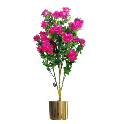 Leaf Artificial 100Cm Premium Azalea Pink Flowers Potted Plant With Gold Metal Planter - image 1