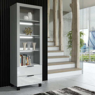 Furneo Display Cabinet Grey White High Gloss Matt Modern Storage Cupboard White Led Lights Enzo 18 - image 1