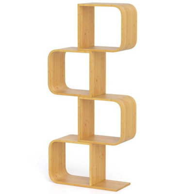 S-Shape 4-Tier Bookcase Bamboo Storage Shelf With Open Cubes Natural - image 1