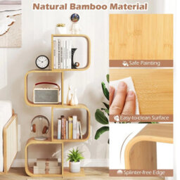 S-Shape 4-Tier Bookcase Bamboo Storage Shelf With Open Cubes Natural - thumbnail 4