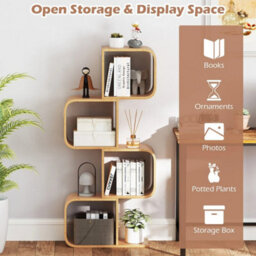 S-Shape 4-Tier Bookcase Bamboo Storage Shelf With Open Cubes Natural - thumbnail 5