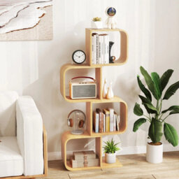 S-Shape 4-Tier Bookcase Bamboo Storage Shelf With Open Cubes Natural - thumbnail 6