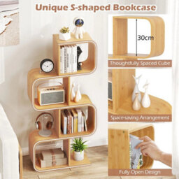 S-Shape 4-Tier Bookcase Bamboo Storage Shelf With Open Cubes Natural - thumbnail 3