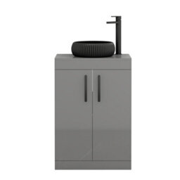 Royal Bathrooms Turin 600mm Freestanding Bathroom Vanity Unit With Sink 2 Door Indigo Grey Gloss & Milan Black Countertop Basin - thumbnail 5