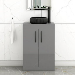 Royal Bathrooms Turin 600mm Freestanding Bathroom Vanity Unit With Sink 2 Door Indigo Grey Gloss & Milan Black Countertop Basin - thumbnail 1
