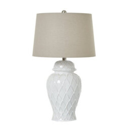 Wyld Haus Banneville White Ceramic Lattice Diamond Ginger Jar Lamp With Linen Shade - thumbnail 2