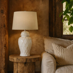 Wyld Haus Banneville White Ceramic Lattice Diamond Ginger Jar Lamp With Linen Shade - thumbnail 1