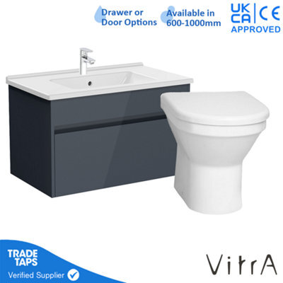 Vitra 800mm Wall Hung Bathroom Vanity Unit With 1 Drawer Includes Basin, Chrome Tap And Back To Wall Toilet - Grey Gloss - image 1