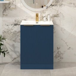 Royal Bathrooms Evora 600mm Midnight Blue Fluted Floor Standing Bathroom Vanity Unit 2 Door Cabinet With Ceramic Basin & Brushed Brass Handles