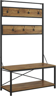 Simpa 2 Tier Reclaimed Wood Rustic Wood Hall Tree Coat Rack Shoe Bench Entry Organiser