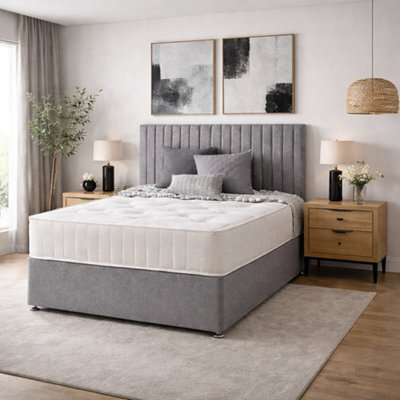 Comfy Deluxe Silver Linen 3Ft  Single Divan Bed Set With Headboard And Mattress Storage 2 Drawers Same Side - image 1