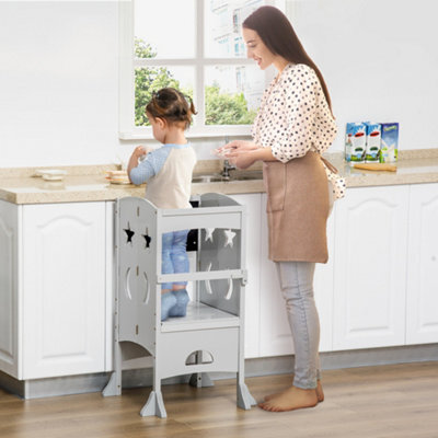 Homcom Kids Step Stool Toddler Kitchen Stool With Blackboard Lockable Handrail