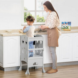 Homcom Kids Step Stool Toddler Kitchen Stool With Blackboard Lockable Handrail - thumbnail 1