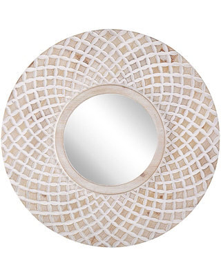 Beliani 60Cm Round Wall Mirror - Handmade Fir Wood Frame With White Quatrefoil, Rustic Boho - image 1