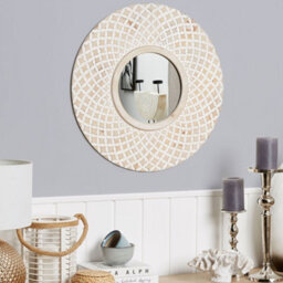 Beliani 60Cm Round Wall Mirror - Handmade Fir Wood Frame With White Quatrefoil, Rustic Boho - thumbnail 2