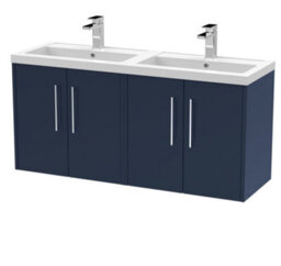 Hudson Reed Juno Wall Hung 4 Door Vanity Unit With Double Polymarble 1 Tap Hole Basin, Blue, 1205 X 385 mm - thumbnail 4