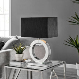 Furniturebox Chloe Mirrored Halo Shaped Table Lamp Light And Chic Black Fabric Shade Including A Rated Energy Efficient Led Bulb