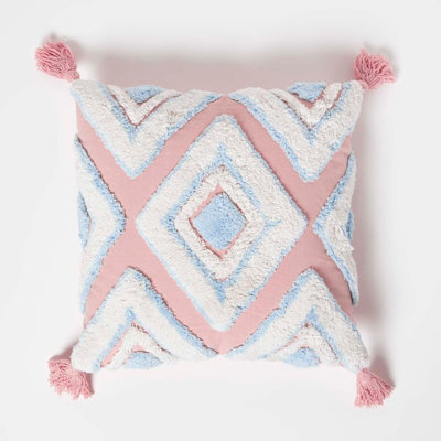 Homescapes Geometric Ikat Blue & Pink Tufted Cotton Cushion With Tassels 45 X 45 Cm - image 1