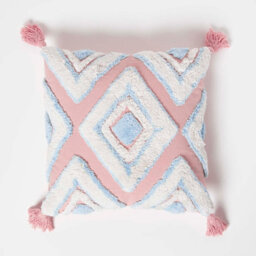 Homescapes Geometric Ikat Blue & Pink Tufted Cotton Cushion With Tassels 45 X 45 Cm