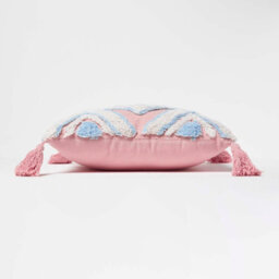Homescapes Geometric Ikat Blue & Pink Tufted Cotton Cushion With Tassels 45 X 45 Cm - thumbnail 4