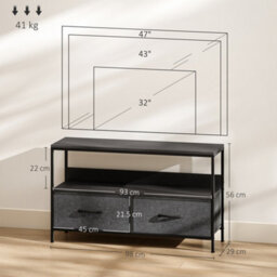 Homcom Tv Cabinet, Tv Console Unit With 2 Foldable Linen Drawers Black - thumbnail 3
