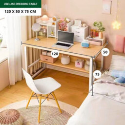 120 Cm Wood & White Home Office Desk Computer Desk With Shelf Desk - thumbnail 2
