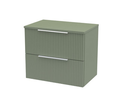 Hudson Reed Fluted Wall Hung 2-Drawer Vanity Unit & Stylish Green Worktop, Sleek Counter Top Vanity Unit In Satin Green, 600mm - image 1
