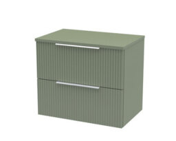 Hudson Reed Fluted Wall Hung 2-Drawer Vanity Unit & Stylish Green Worktop, Sleek Counter Top Vanity Unit In Satin Green, 600mm