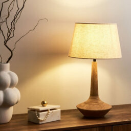 Beliani Mango Wood Table Lamp With Dark Brown Base And Beige Linen Shade, 54 Cm Height - thumbnail 1