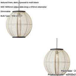 Loops 2 Pack Hanging Ceiling Pendant Light - Large Natural Linen Dark Plywood & Matt Black - 10W Led E27 - thumbnail 2