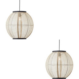 Loops 2 Pack Hanging Ceiling Pendant Light - Large Natural Linen Dark Plywood & Matt Black - 10W Led E27