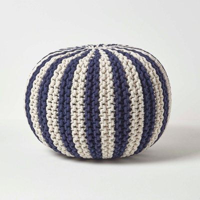 Homescapes Navy And White Knitted Pouffe Striped Footstool 40 X 50 Cm