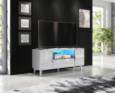 Furneo White Tv Stand 120Cm Unit Cabinet Matt & High Gloss Azzurro 08 Brushed Gold Handles Blue Led Lights - image 1